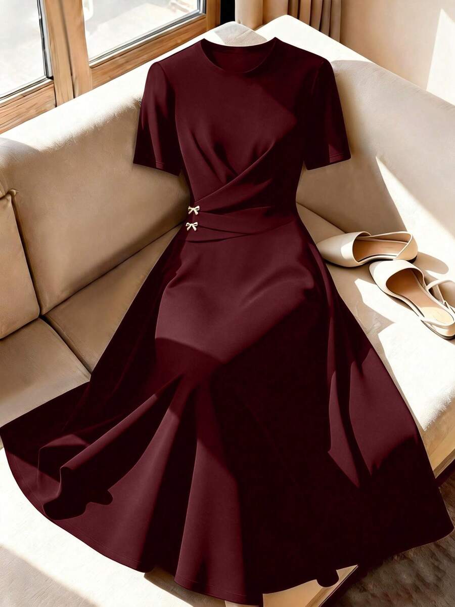 GlowEve CURVE Plus Size Women Solid Color Bow Decor Wrap Short Sleeve Dress - Burgundy - View 1