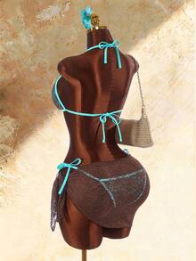 Amplova Women's Sexy Tropical Lace Overlay Swimwear Set, Fashionable For Vacation Bathing Suits Beach Party Brown Stripe Chocolate Summer Turquoise - Blue - View 2