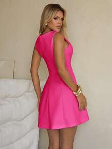 Sandy Gomes Women Solid Color A-Line Elegant Sleeveless Waist Cinched Dress Party - Hot Pink - View 2
