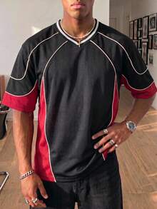 Manfinity Gritte Field Camiseta deportiva de manga corta de ajuste holgado con color contrastante para hombres - Negro - Ver 7