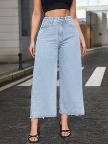 SHEIN ICON Jeans rectos de talle elástico con dobladillo deshilachado en gris claro para mujer de talla grande - Gris - Ver 6