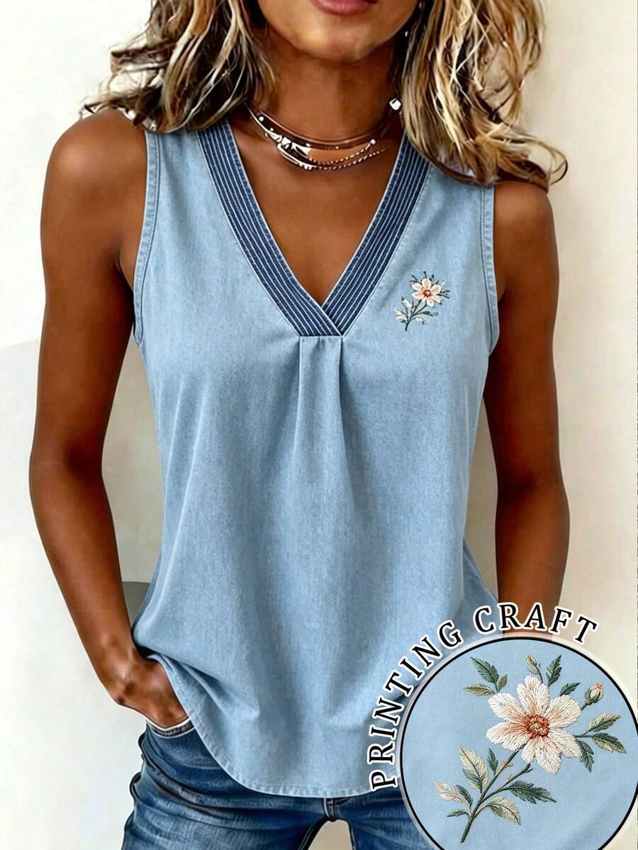 EMERY ROSE Denim Effect Print Contrast Color Sleeveless Casual Cottage Core Boho Top For Women Vacation Light Blue Summer Picnic - Blue - View 1