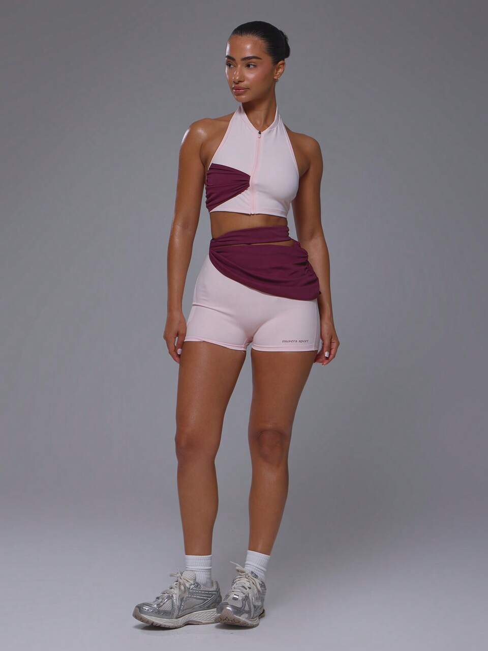 Pantalones Cortos Deportivos Sin Costuras Color Lila con Cintura con Nudo en Contraste