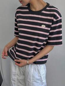 DAZY Áo thun thể thao thường ngày mùa hè cho nữ, phối màu khối kẻ sọc, dáng rộng, tay ngắn, cổ tròn - màu nâu - Xem 5