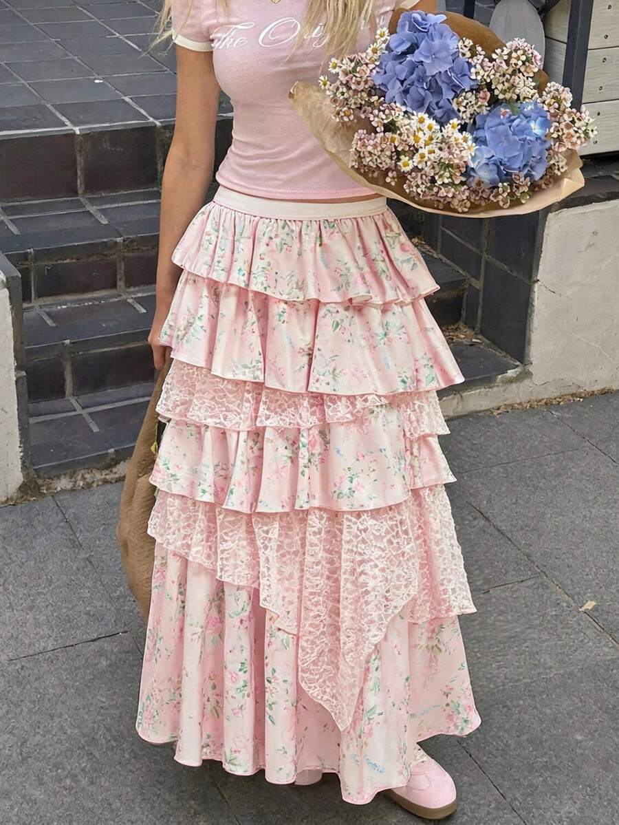 SHEIN MOD 波西米亚西部风情:70年代杏色飘逸雪纺蕾丝长裙——您在金色午后野餐和波西米亚风情冒险中的完美伴侣 - 粉色 - 查看 1