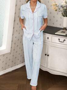 CottageSlumber Bubble Wrinkle Line Ditsy Floral Short Sleeve Pajama Set - Blue - View 5