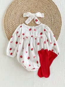 SHEIN Playful Pals 女嬰白色草莓蝴蝶結愛心印花圓領長袖開襠褲 + 紅色襪子 + 頭帶休閒家庭套裝可愛甜美秋季 - 紅白色 - 查看 2