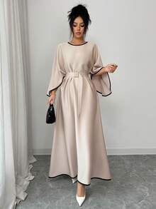 SHEIN Raffinéa Women's Elegant Refined Commuting Outing Date Dress, Batwing Sleeve Cinched Waist Long Khaki Dress, Spring/Summer - Khaki - View 5