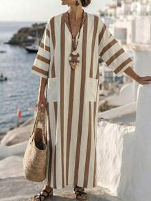 Breezaya Damen gestreiftes blau-weißes Urlaubsprint Digital-Muster Kleid mit Halbarm, lässiges Alltagskleid mit Seitentasche, V-Ausschnitt und ausgestelltem Saum, Frühling/Sommer 2026 Neuheit - Braun - Übersicht 5