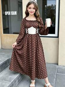 SHEIN Gaun klasik musim semi/gugur yang manis, berwarna aprikot, dengan kerah persegi, lengan lonceng, panjang sedang, dan ikat pinggang, cocok untuk anak perempuan usia praremaja. Cocok untuk dipakai sehari-hari, pesta, belanja, dan acara lainnya. - Coklat - View 6