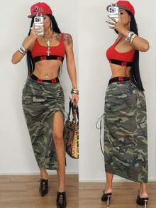 SHEIN Women's Camouflage Side Drawstring Split Hem Fashion Denim Skirt - Multicolor - View 1