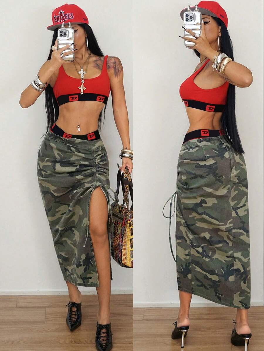 SHEIN Women's Camouflage Side Drawstring Split Hem Fashion Denim Skirt - Multicolor - View 1