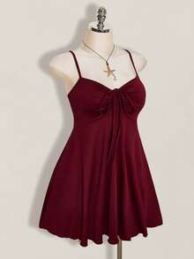 SHEIN ICON 大码女式纯色前系带褶皱吊带裙 - 酒紅色 - 查看 7