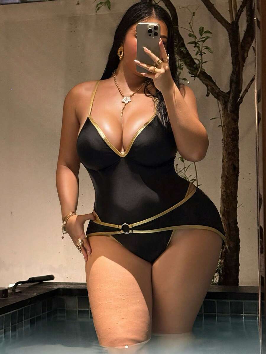 Swim SXY 2026新款夏季度假性感金邊大尺碼女款一件式細肩帶泳衣 - 彩色 - 查看 1