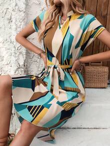 SHEIN Clasi 纯色V领系带优雅短袖连衣裙 - 綠色 - 查看 7