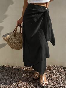 Falda blanca de mujer con diseño de lazo en la cintura, de estilo casual, suelto y de moda para primavera y verano, adecuada para el trabajo, el día a día y las vacaciones - Caqui 2 - Ver 10