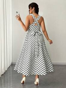 Vestido de mujer talla de elegante unicolor, de tela de alta elasticidad, con diseño de tirantes finos, lazo en la cintura, cintura plisada, falda de talla, diseño versátil, ad - Blanco y Negro 2 - Ver 2