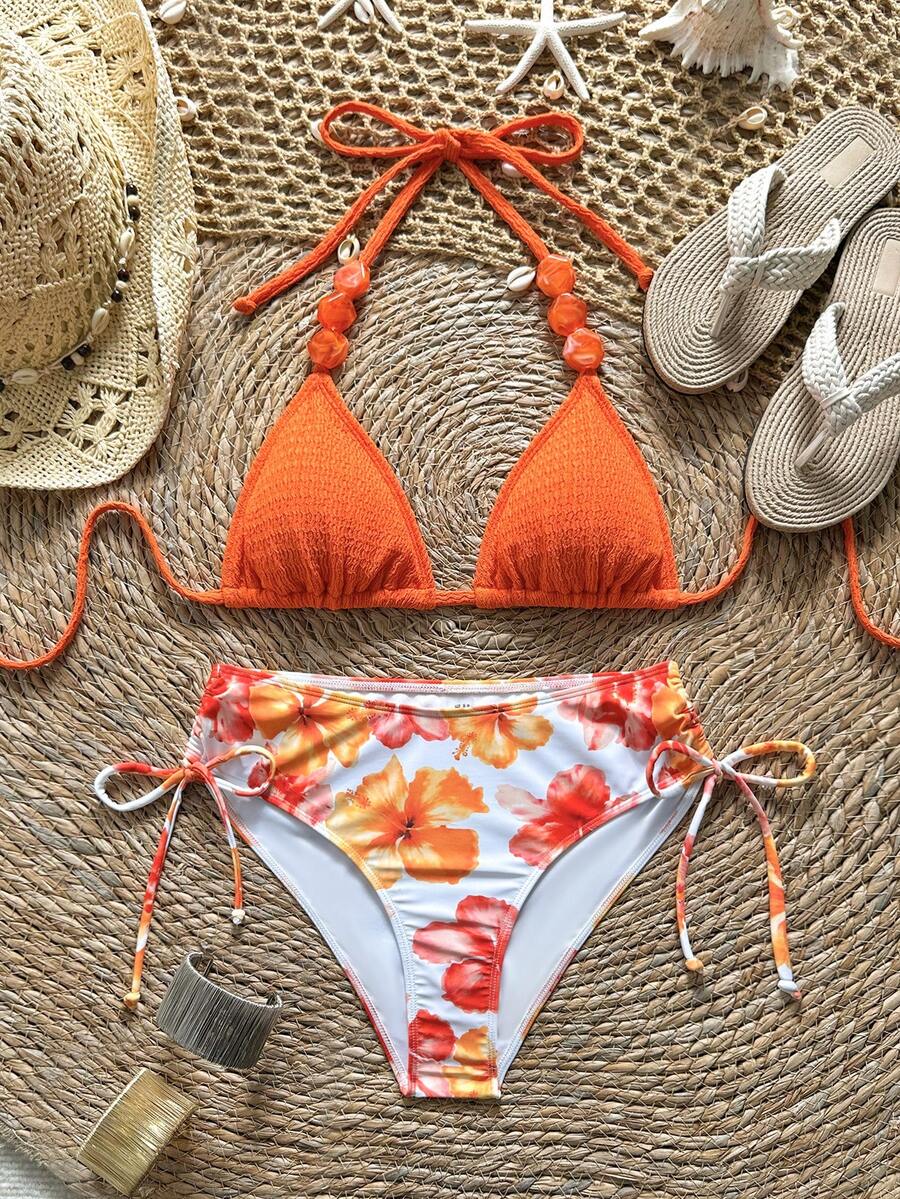Soleia 女款夏季海灘花卉印花掛脖綁帶性感比基尼泳衣套裝 - 彩色 - 查看 1