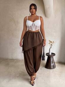 Firerie Plus Size Women Solid Color Pleated Casual Versatile Daily Wear Pants Gym Brown Autumn - Coffee Brown - View 3