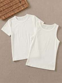 SHEIN Franclia 两件套白色叠穿背心，夏季新品系列：白色百搭通勤背心 - 适合约会、通勤、度假，优雅女士上衣。背心款式，圆领T恤，夏季上衣T恤背心，女士背心，优雅背心，优雅女士上衣T恤 - 白色 - 查看 1