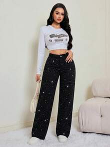 SHEIN PETITE 娇小款女士高腰水钻阔腿牛仔裤，休闲派对外出裤 - 黑色 - 查看 7