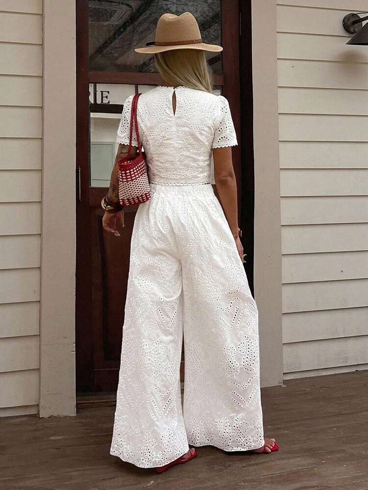 Spring Summer New Women's Sleeveless Embroidered Hollow Lace Top & Palazzo Pants Vacation Set 2pcs