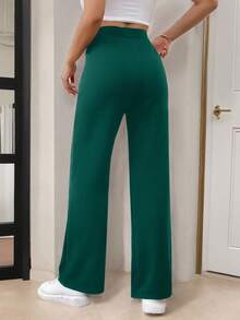 SHEIN Frenchy 女士休闲优雅重叠腰部直筒裤 - 墨綠色 - 查看 2