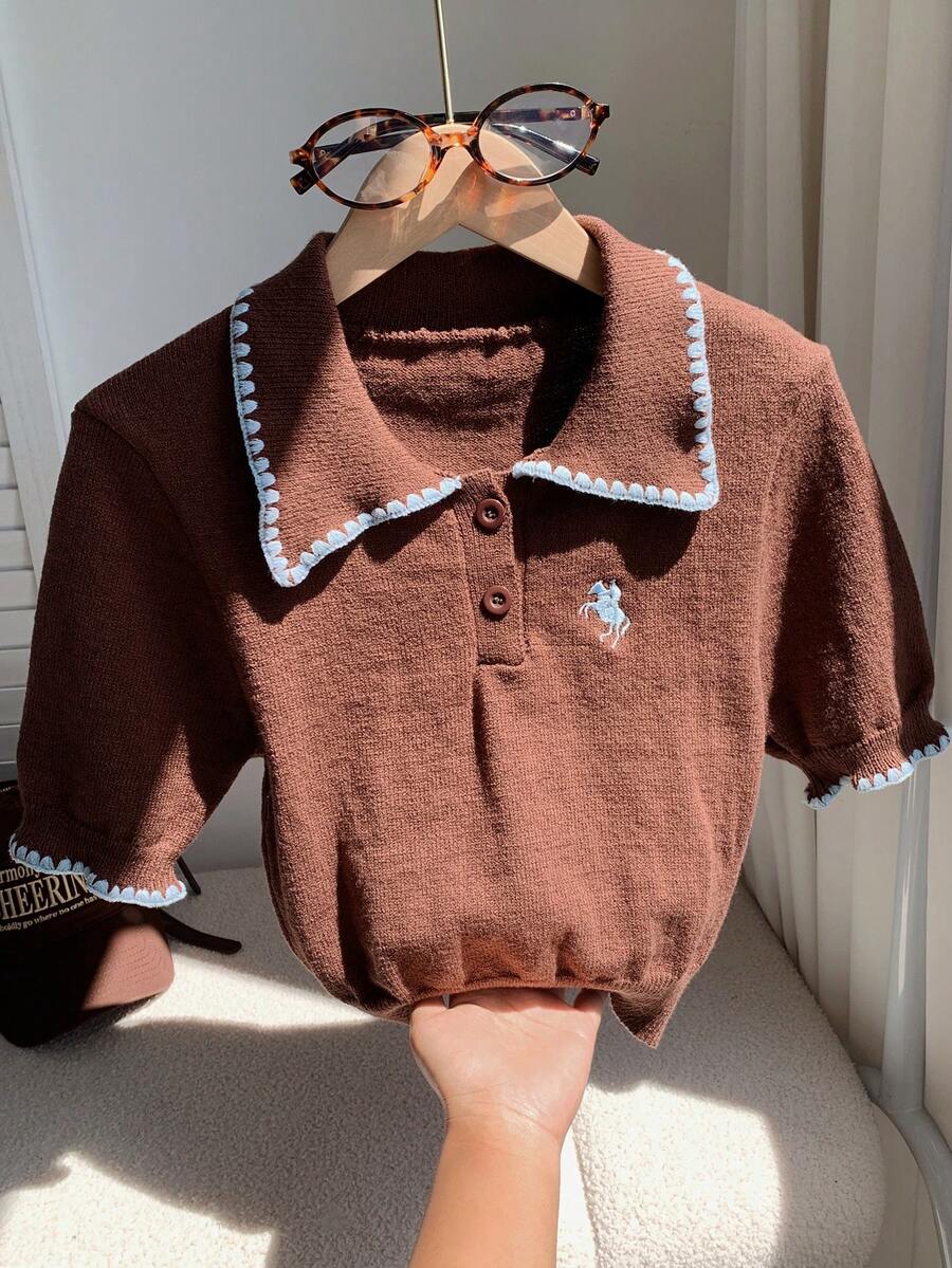 Comfortcana 女款對比飾邊刺繡休閒針織上衣,百搭日常穿著 - 咖啡棕 - 查看 1