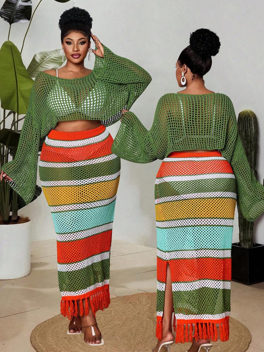 Maweii Plus Size Women's Knitwear Olive Green Sweater Two Pieces Set,Multi-Color Stripes Contrast Short Top,Long Midi Skirt, Boho Summer Vacation Casual - Multicolor - View 1