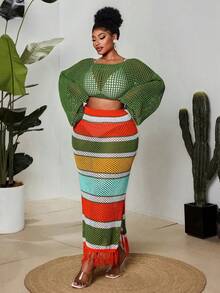 Maweii Plus Size Women's Knitwear Olive Green Sweater Two Pieces Set,Multi-Color Stripes Contrast Short Top,Long Midi Skirt, Boho Summer Vacation Casual - Multicolor - View 6