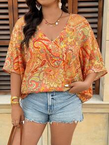 SHEIN VCAY Plus Size Boho V-Neck Tropical Floral Print Ruffled Sleeve Loose Blouse For Holiday, For Summer - Multicolor - View 4