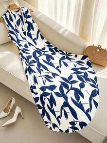 GlowEve CURVE Plus Size Women Leaf Print Casual Party Dress - Blue - View 3