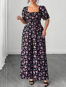 SHEIN Clasi Plus Size Women Ditsy Floral Short Sleeve U-Neck Casual Elegant Jumpsuit Vacation Black And White Summer - Black - View 3