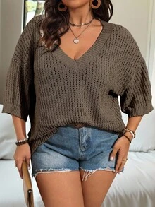 Vionelle Plus Size Loose Solid Color Hollow Out Pullover Sweater Fall - Brown - View 4