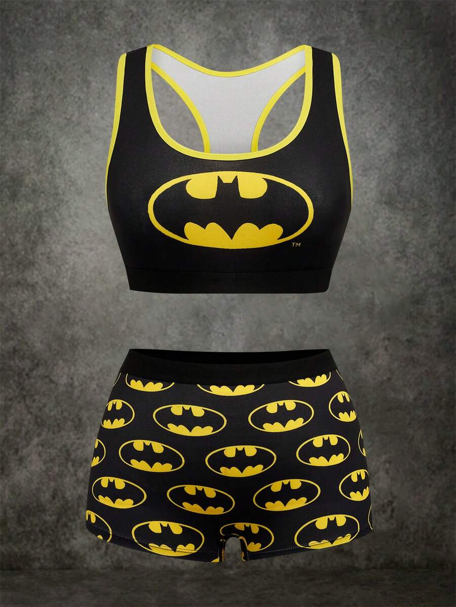 BATMAN X SHEIN Plus Size Women Patchwork Bra And Briefs Casual Everyday Underwear Set - Black - View 1