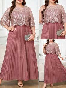 Reflora Plus Size Elegant Party Embroidered Mesh Patchwork Dress - Pink - View 7