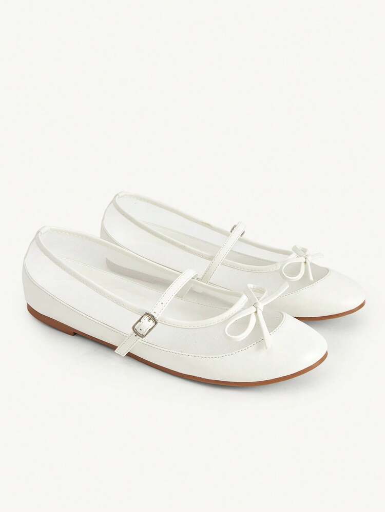 CUCCOO CHICEST Ladies White PU Mesh Splicing Bow Round Toe Fashionable And Comfortable Daily Travel Cute Girl Flat Shoes