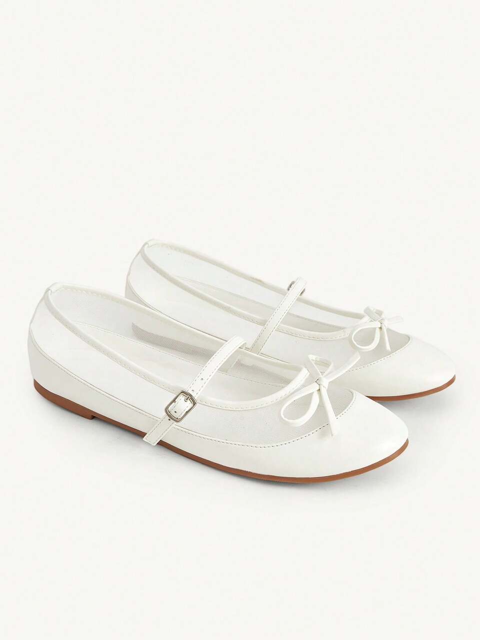 CUCCOO CHICEST Ladies White PU Mesh Splicing Bow Round Toe Fashionable And Comfortable Daily Travel Cute Girl Flat Shoes