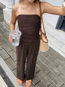 SHEIN 少女休闲优雅时尚纯色纹理针织抹胸上衣和阔腿裤两件套 - 棕色 - 查看 5