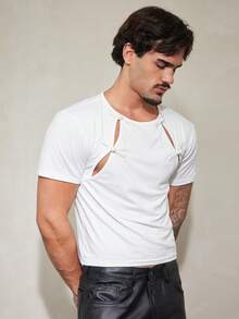 FeverCity Men's Fashion Personalized Frog Button Cutout Design Short Sleeve T-Shirt - White - View 5