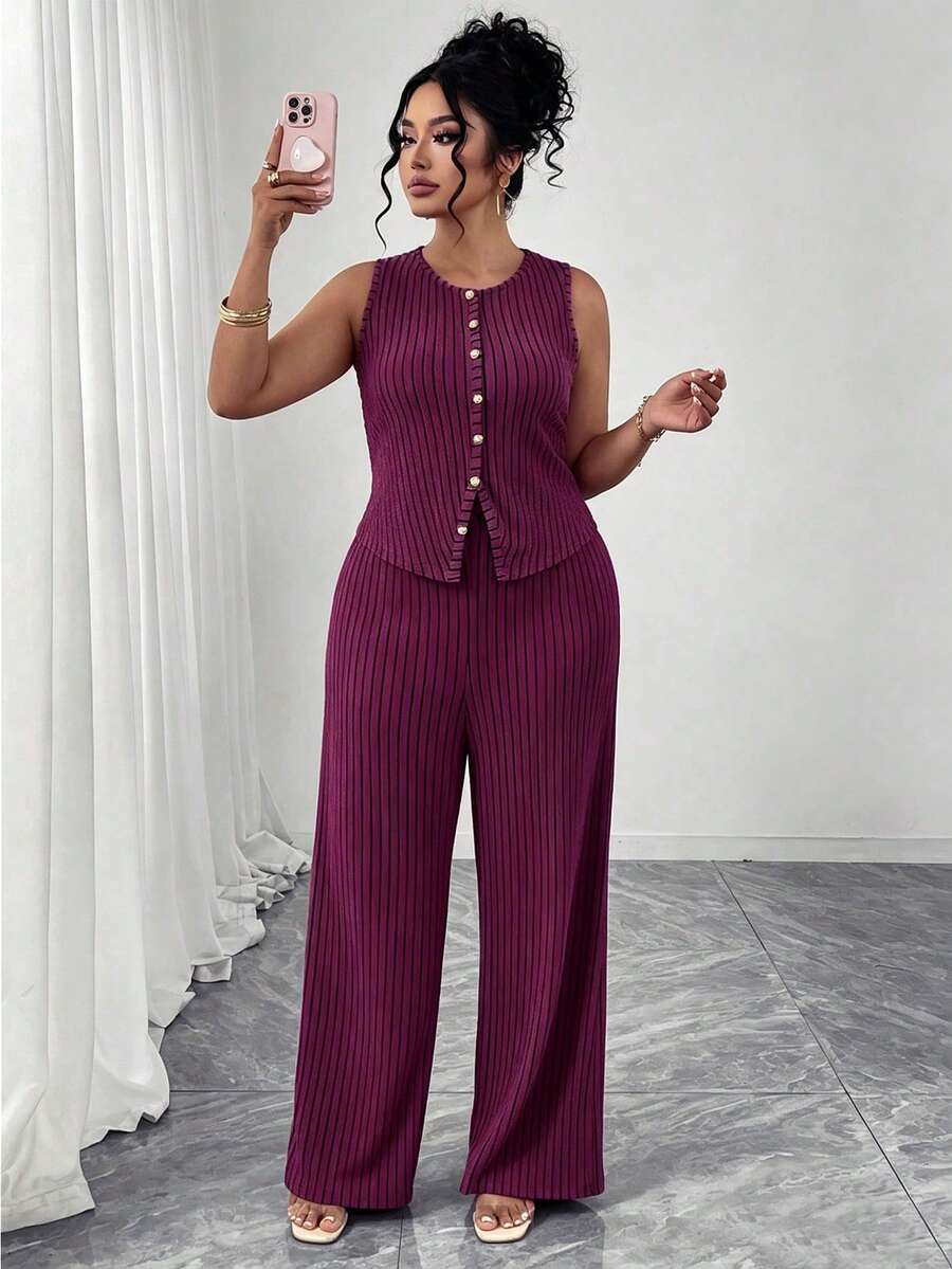 SHEIN Clasi Plus Size Women's Solid Color Textured 2-Piece Set, Sleeveless Crew Neck Button Bodysuit High Waist Loose Straight Pants, Vacation Brunch Casual - Red Violet - View 1