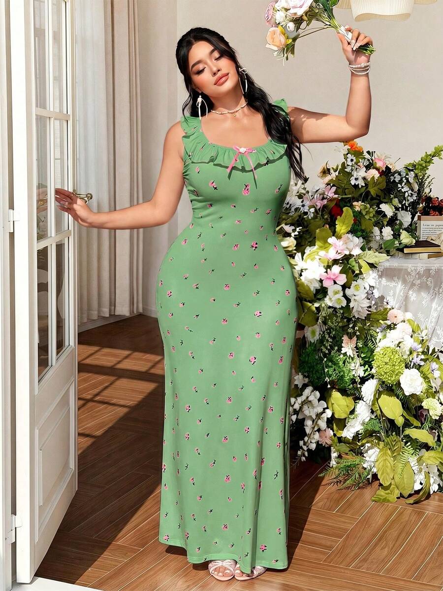 FleurLily Plus Size Soft Knit Ditsy Floral Fabric V-Neck Ruffle Trim Sleeveless Wrap Maxi Dress, Elegant For Outings, Dates, Parties, Afternoon Tea - Lime Green - View 1