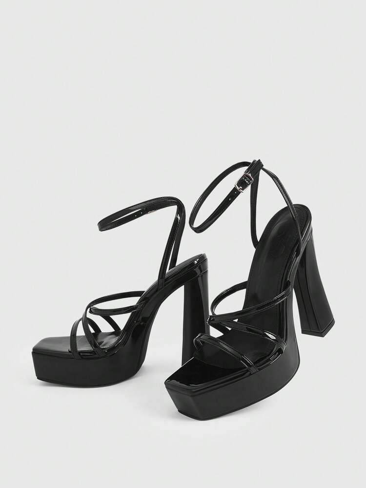 CUCCOO LuxiPop Women's Fashion Spring And Summer New Design Thick Heel High Heel Side Head Elegant Temperament Simple Light Version Black Cross Belt Hollow Ankle Belt High Heel Dew Heel Sexy Nightclub Style Sandals
