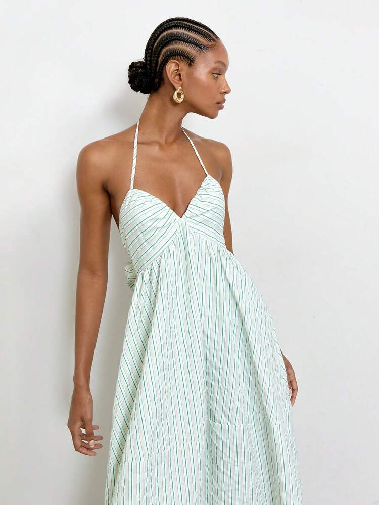 SHEIN Maija Women's Green And White Striped Backless Vacation Halter Dress,Summer Casual Holiday Vacation Holiday,Beach Outfit,Graduation,,Country Style