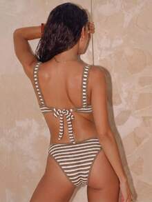 Swim Vcay Conjunto de bikini dividido con diseño de cordón y color claro a la moda, de tela especial de verano - Café integral - Ver 2