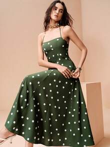 Revavyn Vintage French Romantic Vacation Style Elegant Dark Green Polka Dot Spaghetti Strap Cami Waist-Cinched Slimming Flared Heavy-Duty Patchwork Design Women's Long Dress - Multicolor - View 2