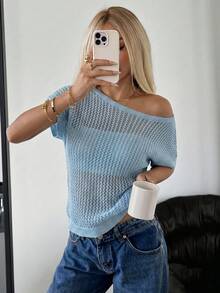 SHEIN EZwear 女款純色極簡休閒鏤空不對稱單肩針織衫 度假淺藍色夏季款 - 天藍色 - 查看 6