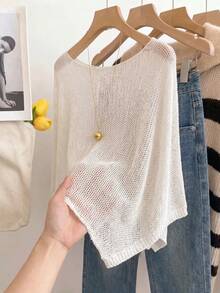 SHEIN 新款夏季女式沙滩装、度假装、假日装，白色镂空针织斗篷上衣 - 船领、不对称下摆、横条纹和镂空细节，散发着海岸波西米亚风情，适合轻松叠穿。 - 米色 - 查看 6