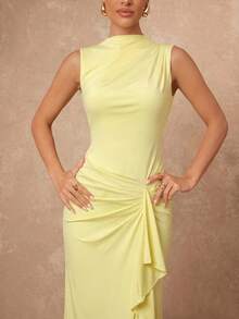 Lumalex Lemon Yellow Sleeveless Knit Maxi Dress With Draped Boat Neck Side Ruched Waist Cascading Ruffle Front Slit And Back Seam, Spring Summer Luxury Dress - Light Yellow - View 6