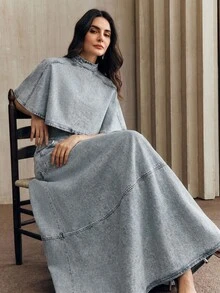 Anewsta 女士秋季时尚水洗粉色牛仔两件套：荷叶边牛仔裙 + 短袖牛仔披肩 - 藍色 - 查看 3